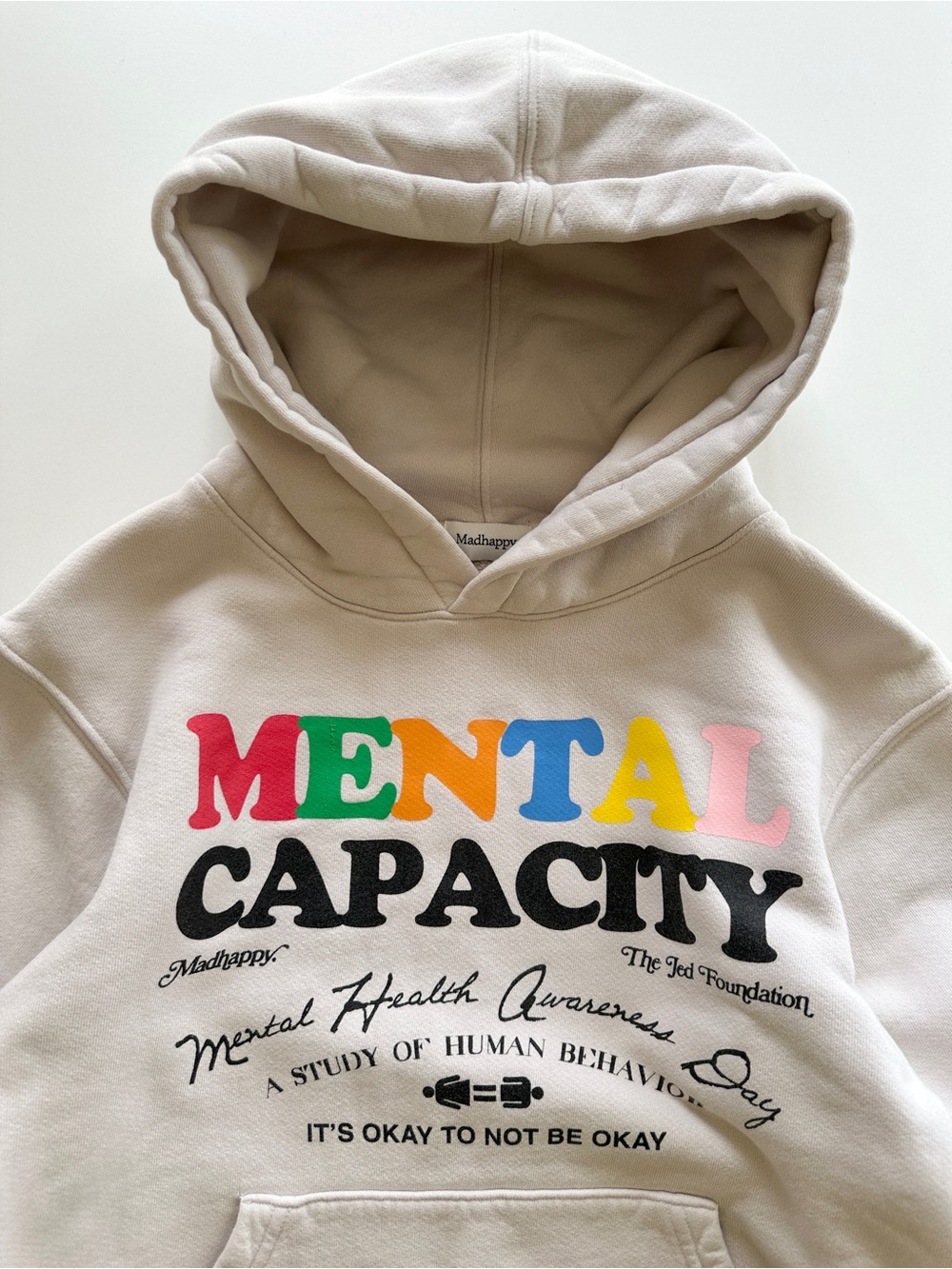 Rare MADHAPPY Jed Foundation Mental Capacity Rainbow Heritage Beige Hoodie XS - Picture 4 of 14